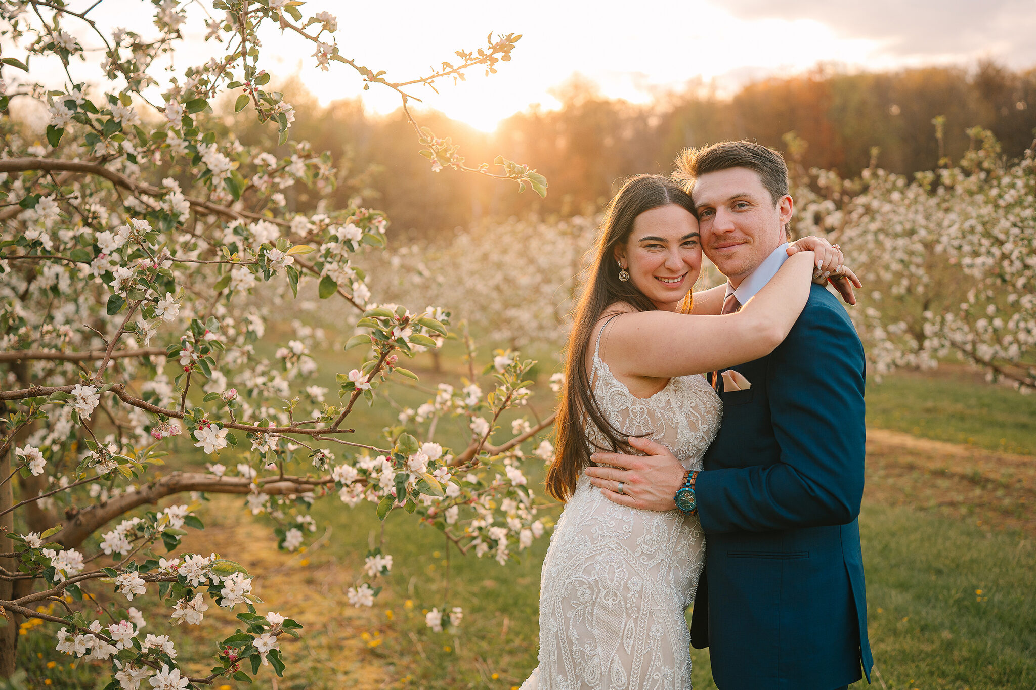 Golden hour portrait of a bride and groom embracing in blooming apple orchard rows at Dixon’s Apple Orchard in Wisconsin during sunset. Romantic outdoor spring wedding photography with flowering apple trees, warm sunlight, and joyful newlywed couple.