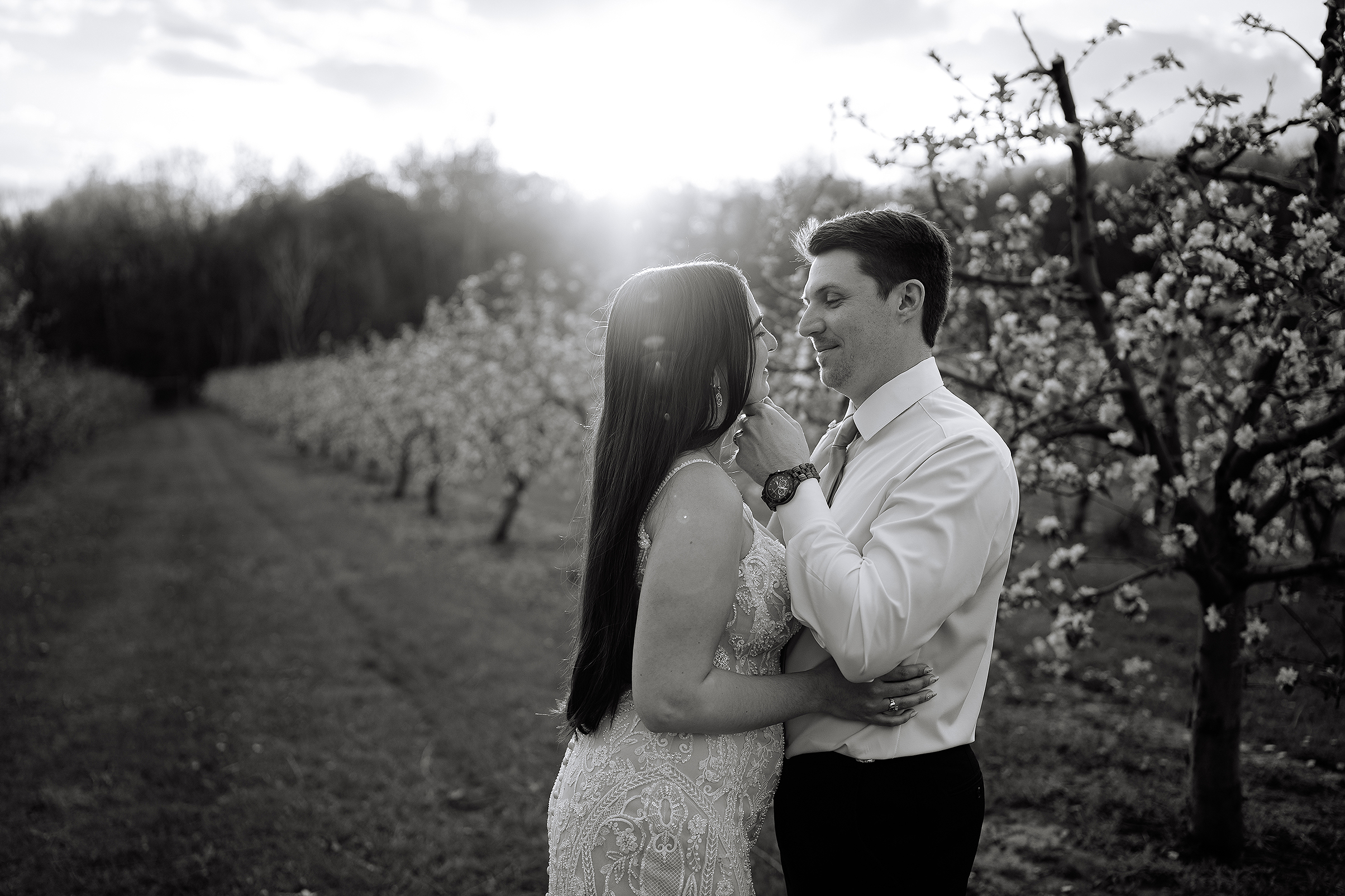 At Dixon's Apple Orchard a couple embrace tenderly during their wedding celebration.