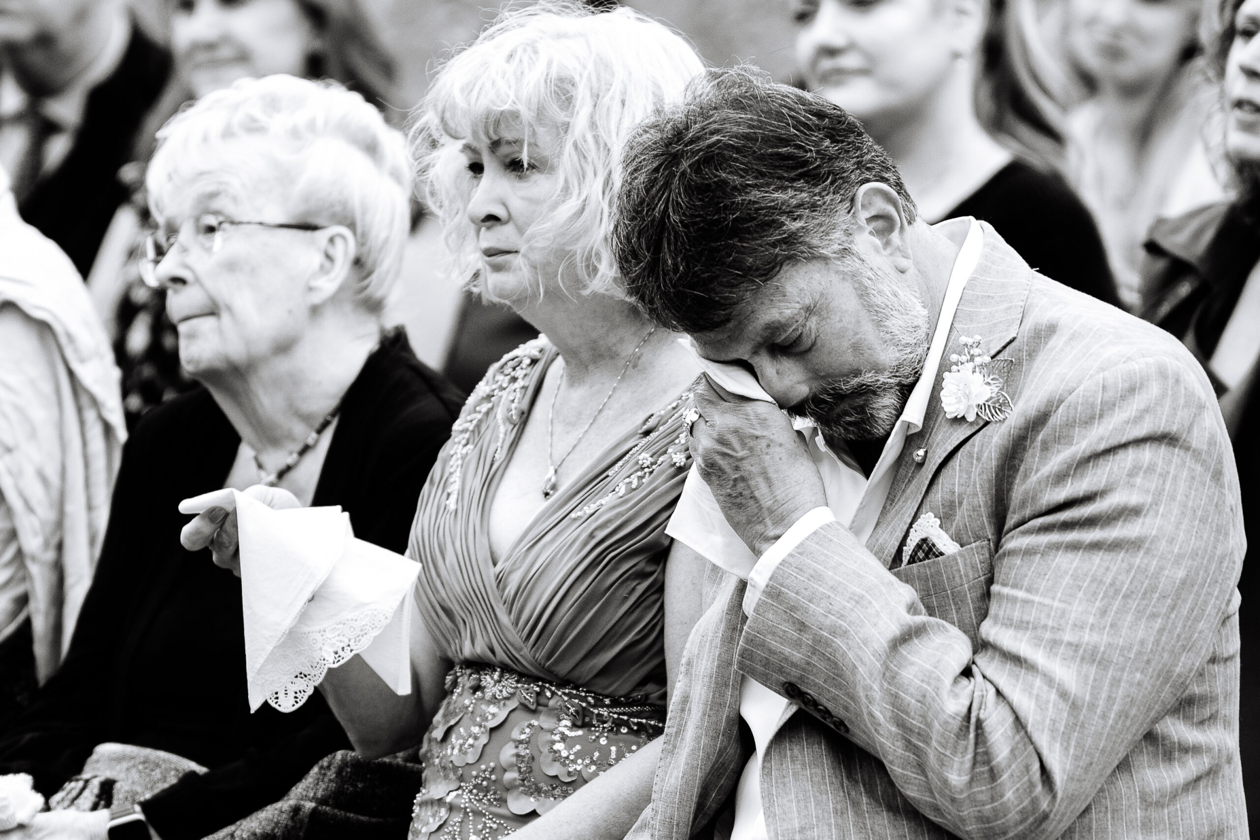 Bride hugging her father before the wedding ceremony during an emotional Wisconsin wedding day.